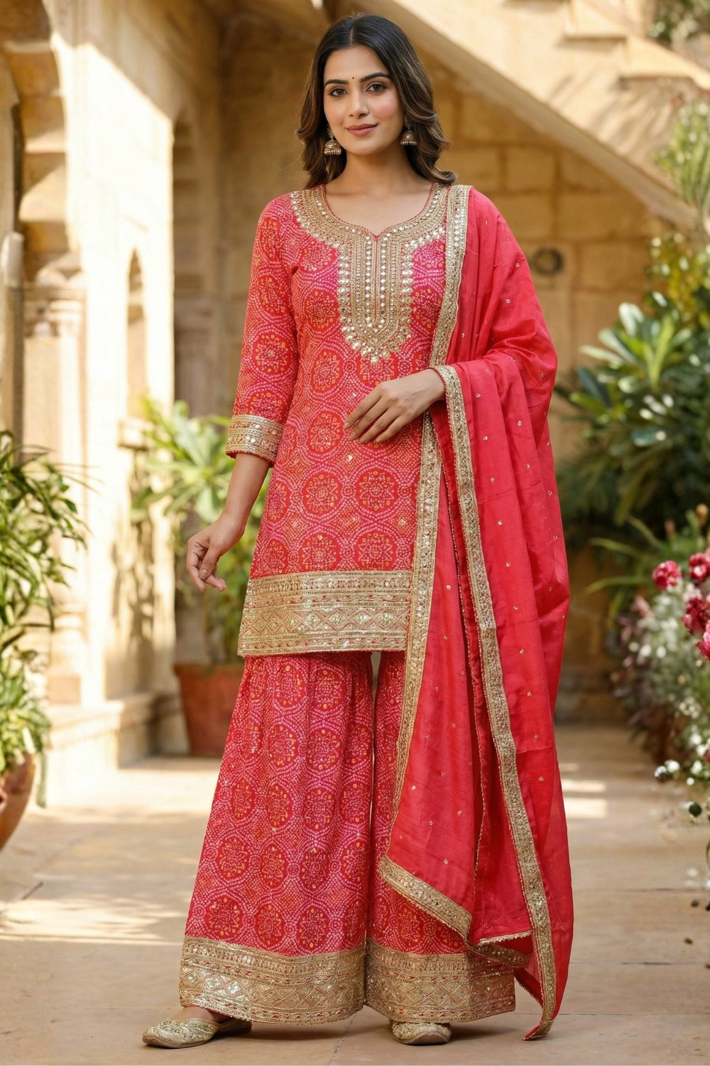 Pink Chinon Palazzo Set with Embroidery and Sequins Work