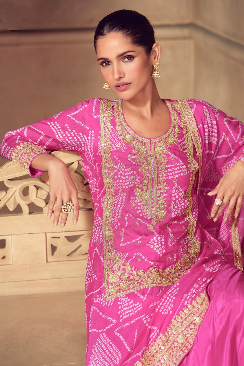 Pink Chinon Silk Embroidered Sharara Suit