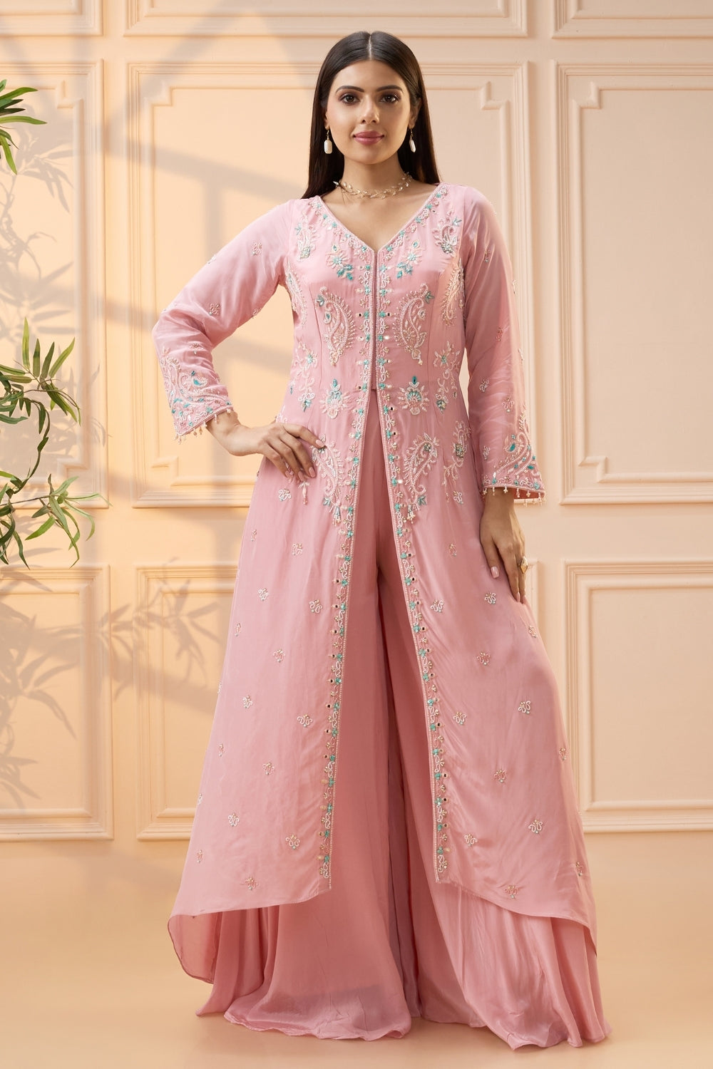 Pink Crepe Silk Palazzo Set with Moti and Mirror Work
