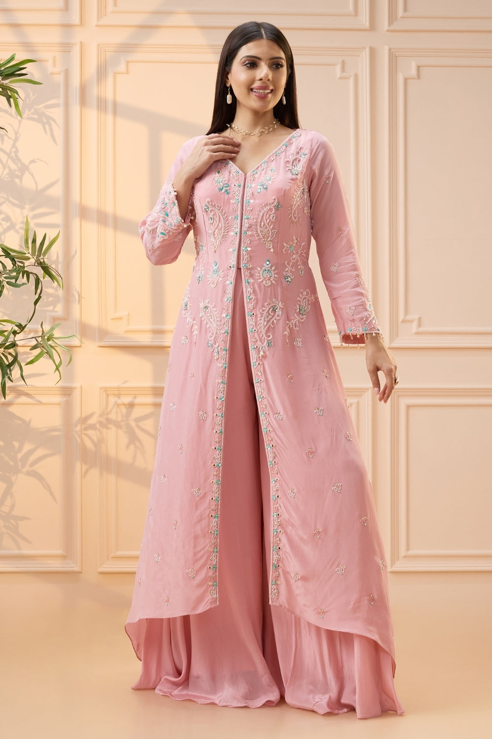 Pink Crepe Silk Palazzo Set with Moti and Mirror Work