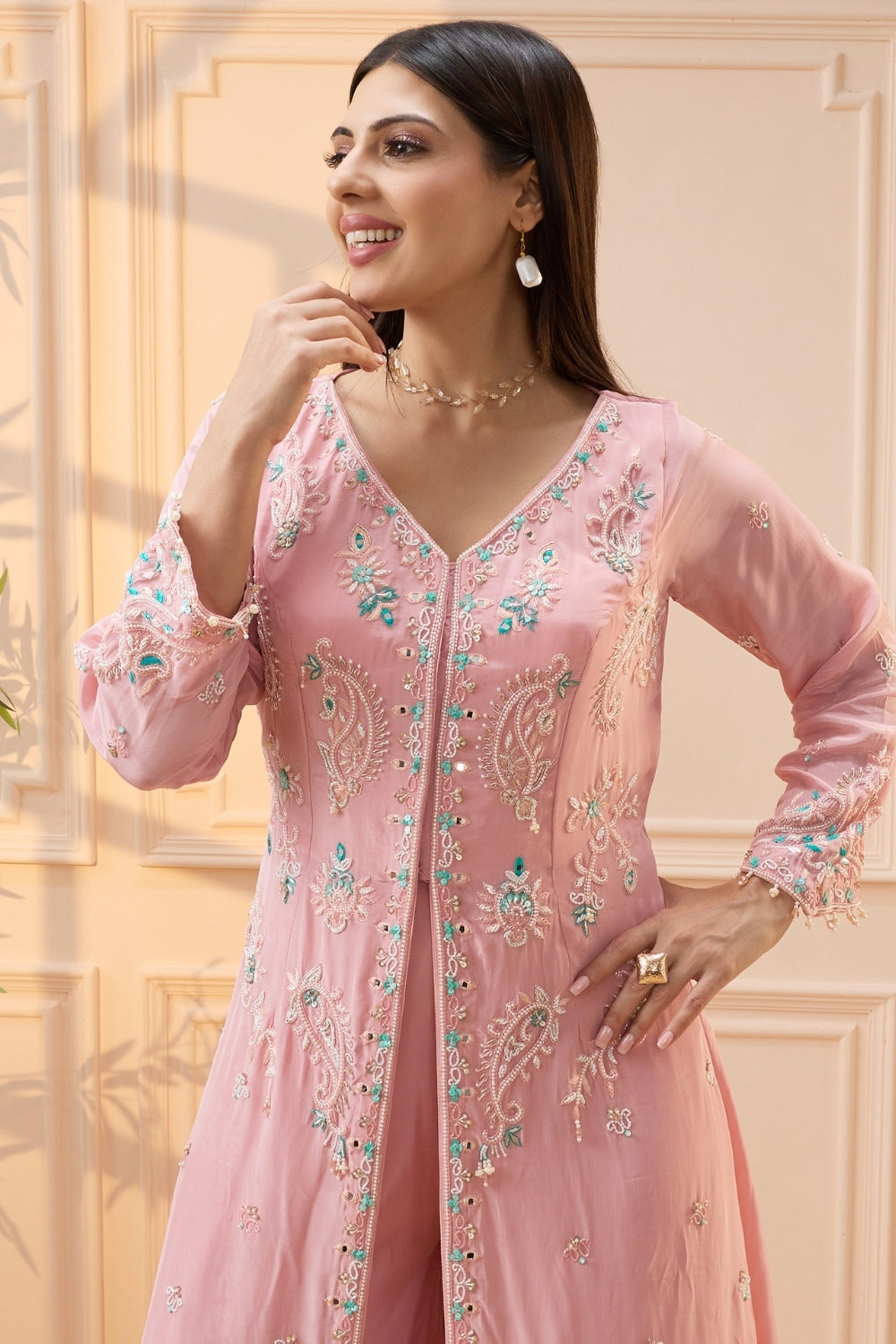 Pink Crepe Silk Palazzo Set with Moti and Mirror Work