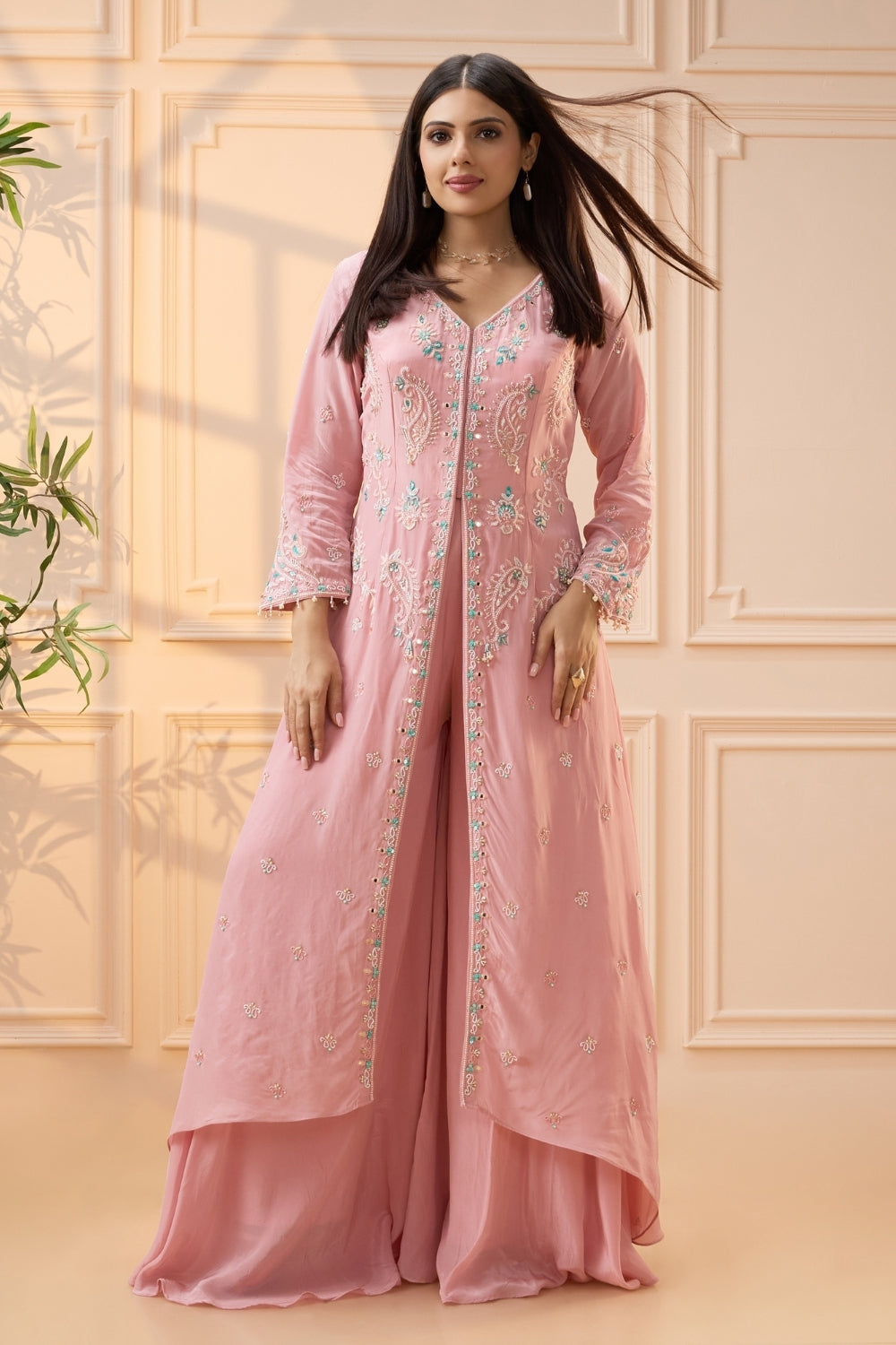 Pink Crepe Silk Palazzo Set with Moti and Mirror Work