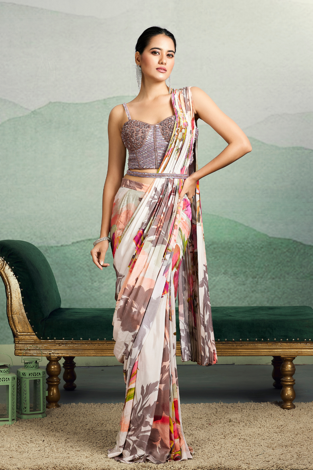 Pink Crepe Silk Readymade Saree
