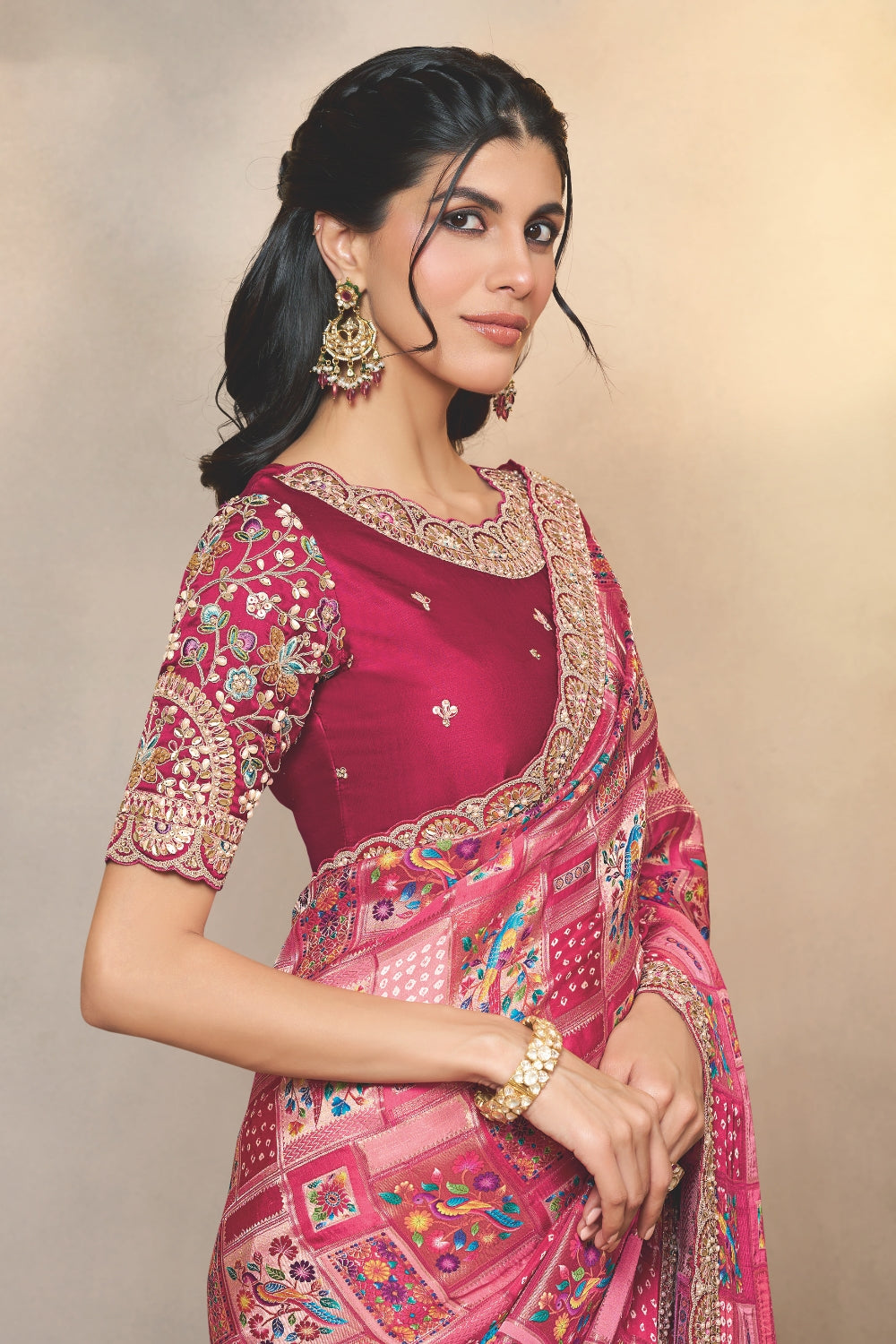 Pink Gajji Silk Saree with Resham Embroidery and Moti Work