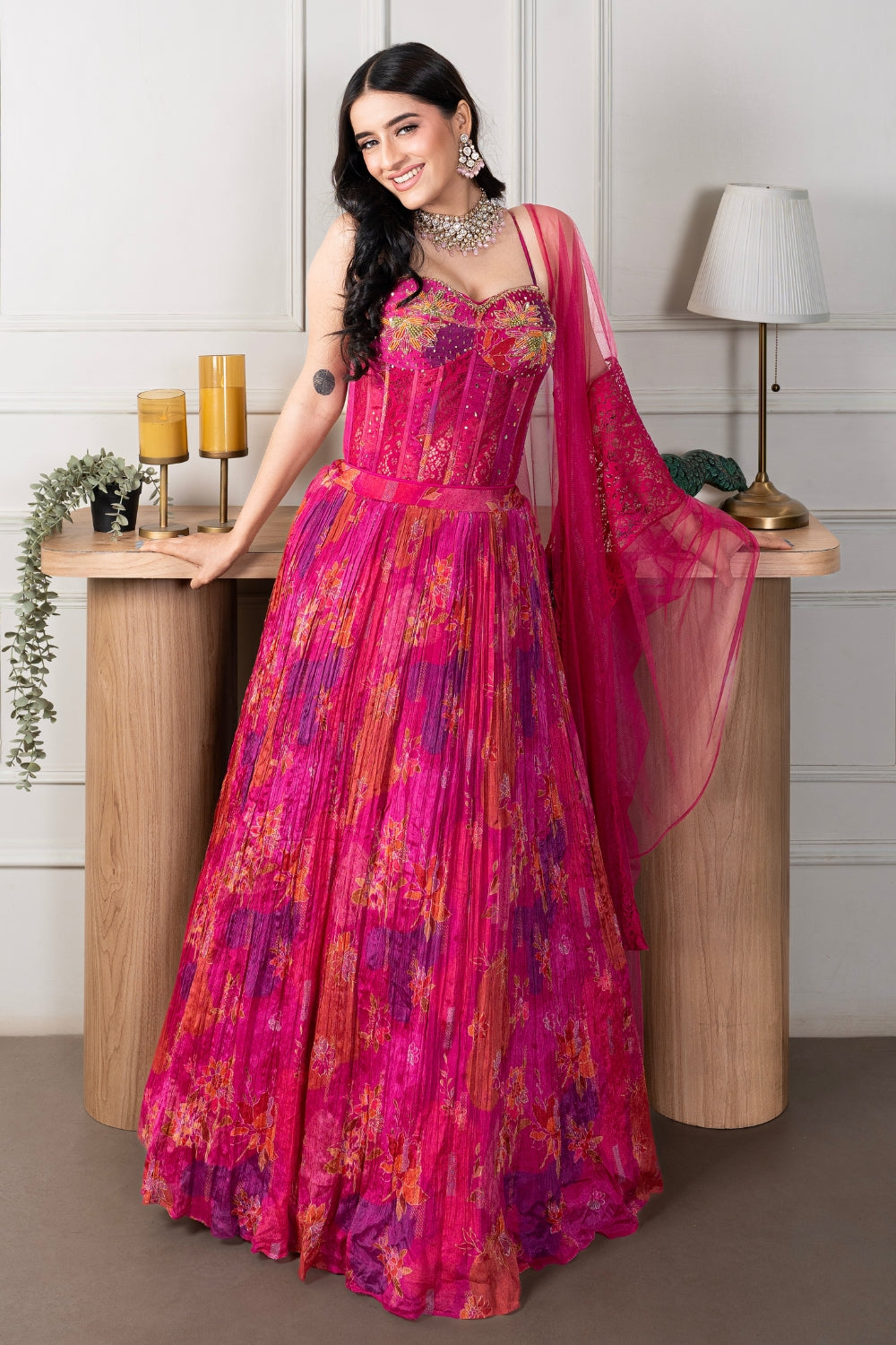 Pink Georgette Lehenga Choli with Sequins and Moti Work