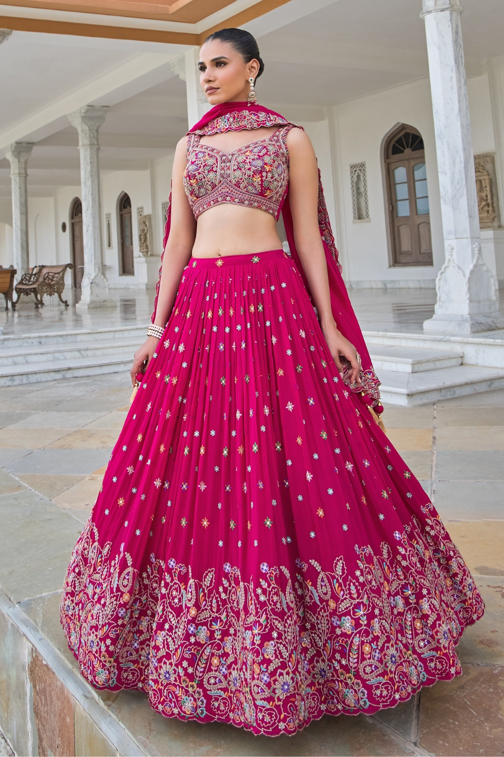 Pink Georgette Lehenga Set with Zardosi and Cutdana Work