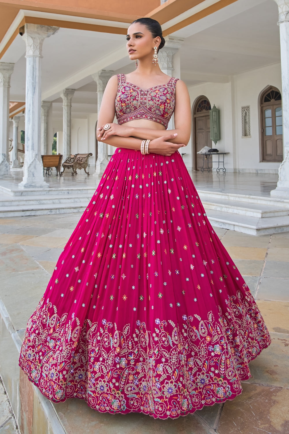 Pink Georgette Lehenga Set with Zardosi and Cutdana Work