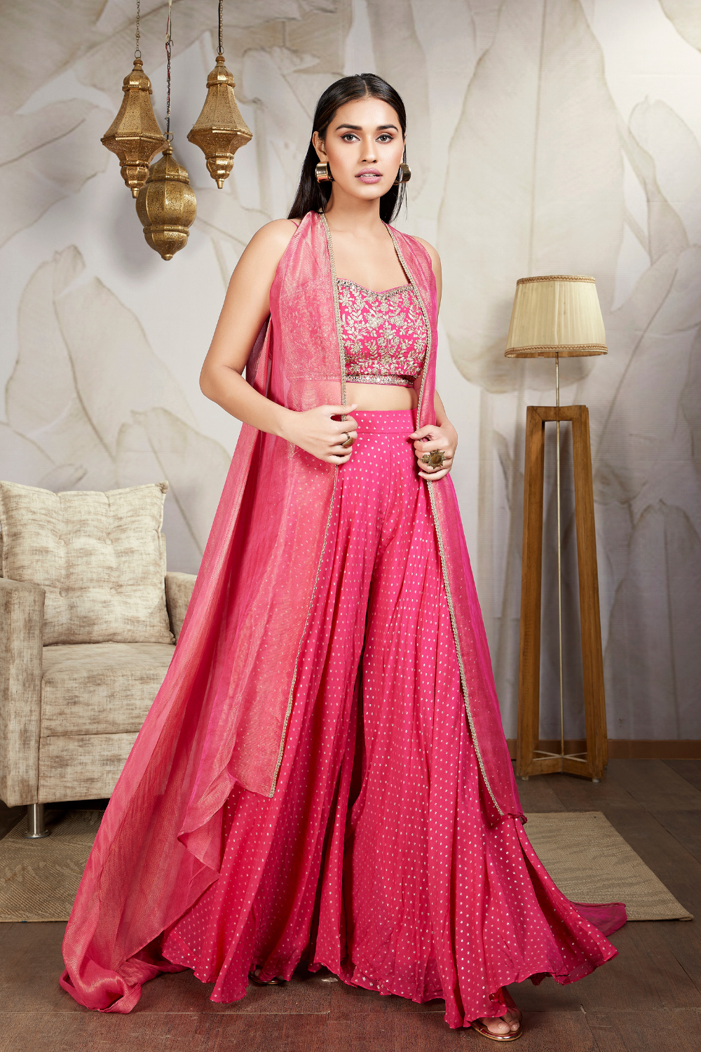 Pink Georgette Mirror Work Crop Top Palazzo With Jacket