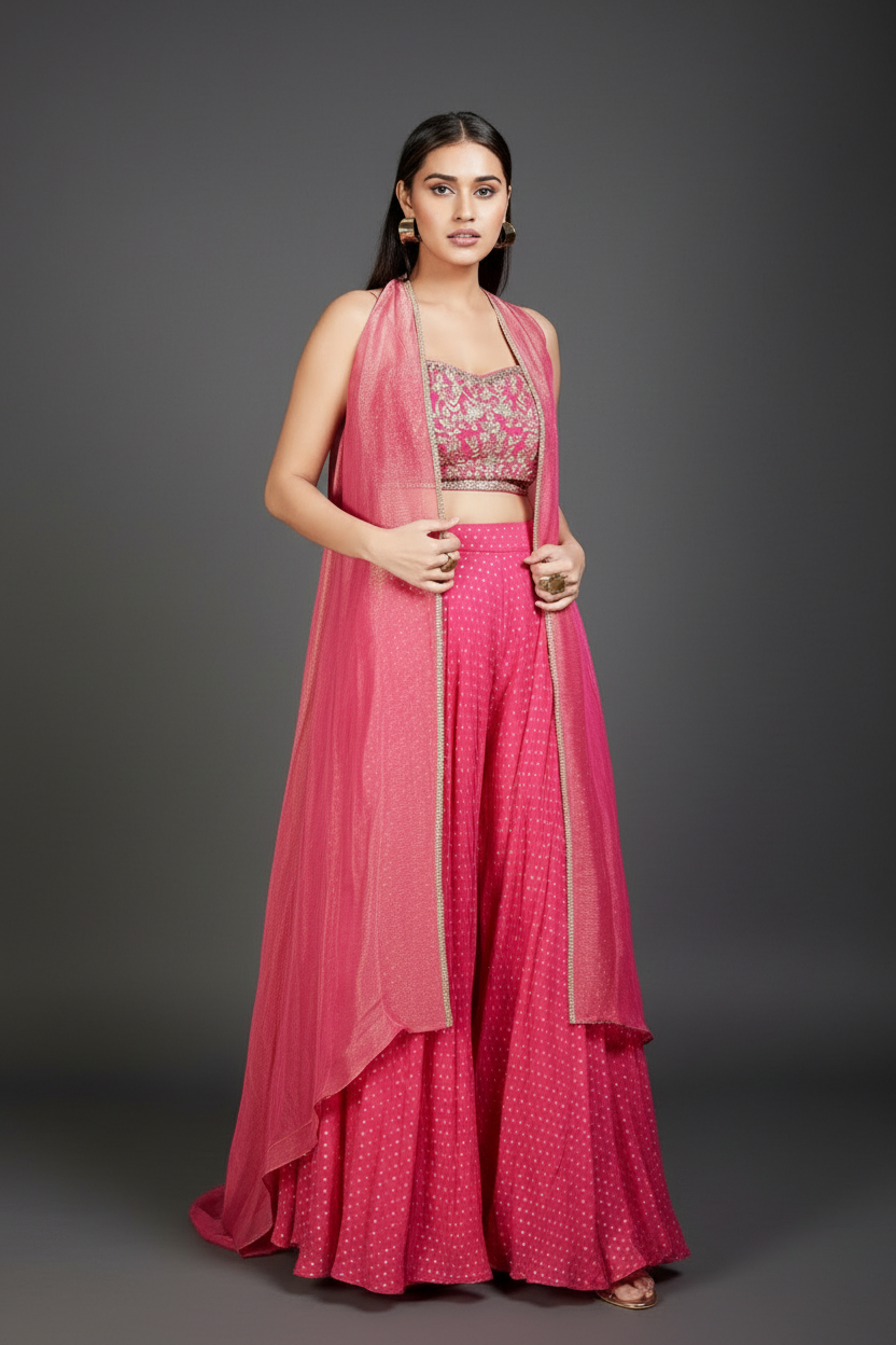 Pink Georgette Mirror Work Crop Top Palazzo With Jacket