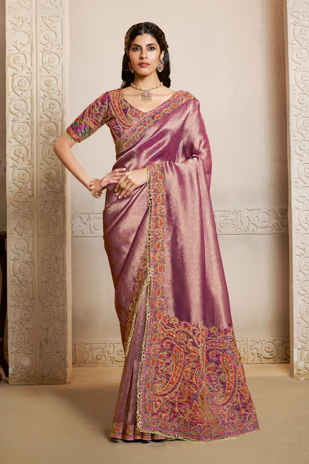 Pink Kanjivaram Silk Saree with Moti and Cutdana Work