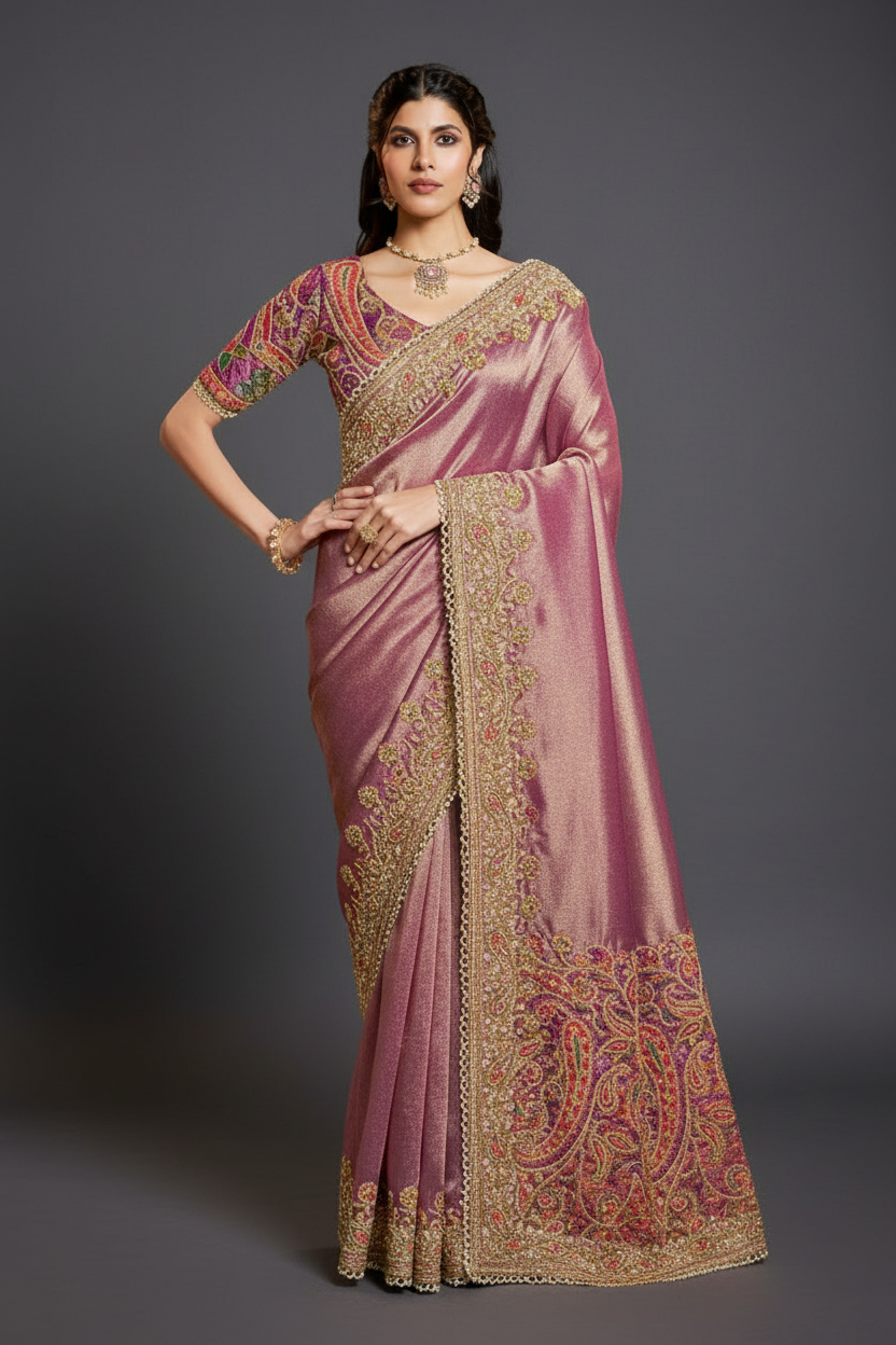 Pink Kanjivaram Silk Saree with Moti and Cutdana Work