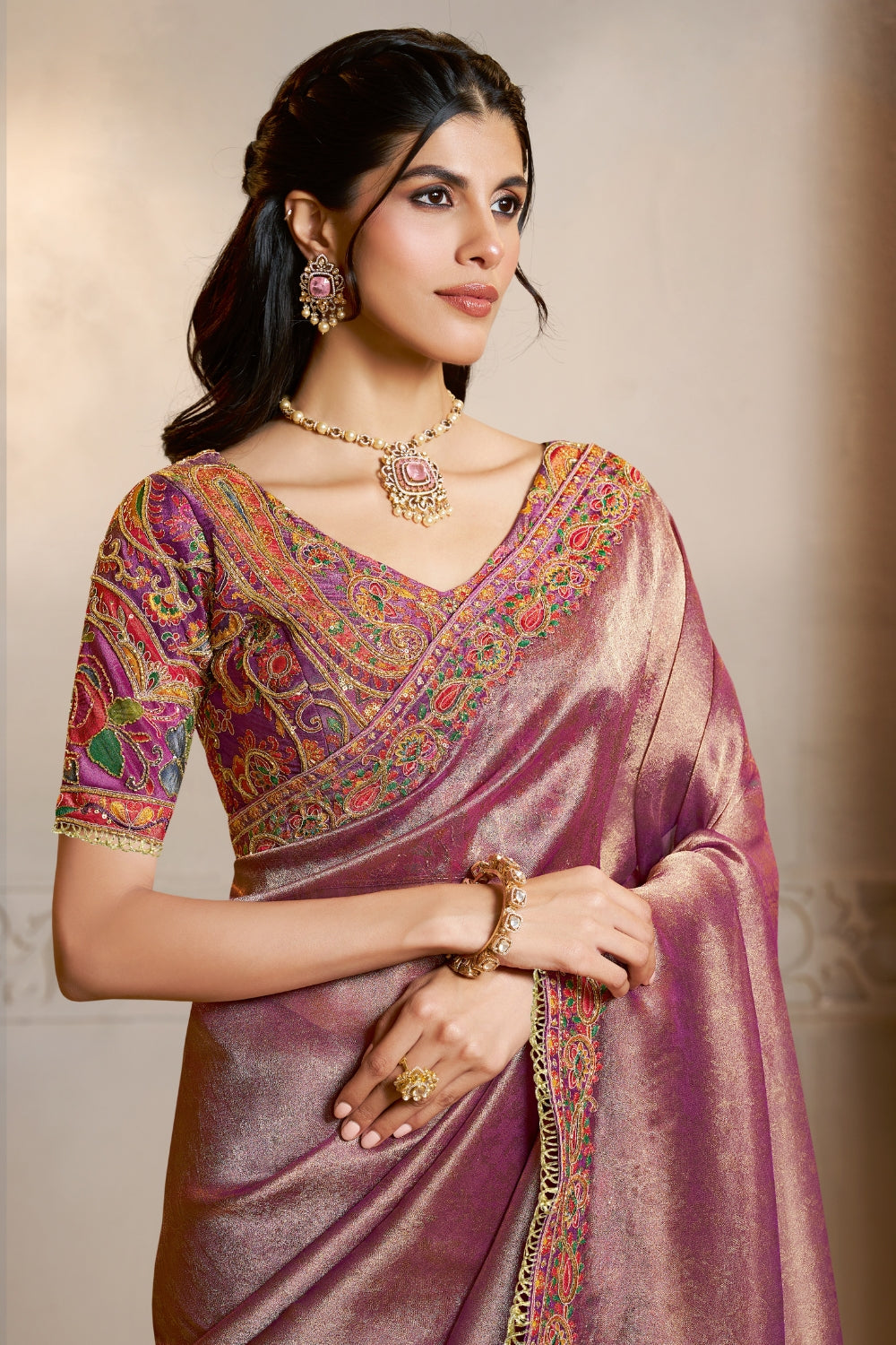 Pink Kanjivaram Silk Saree with Moti and Cutdana Work