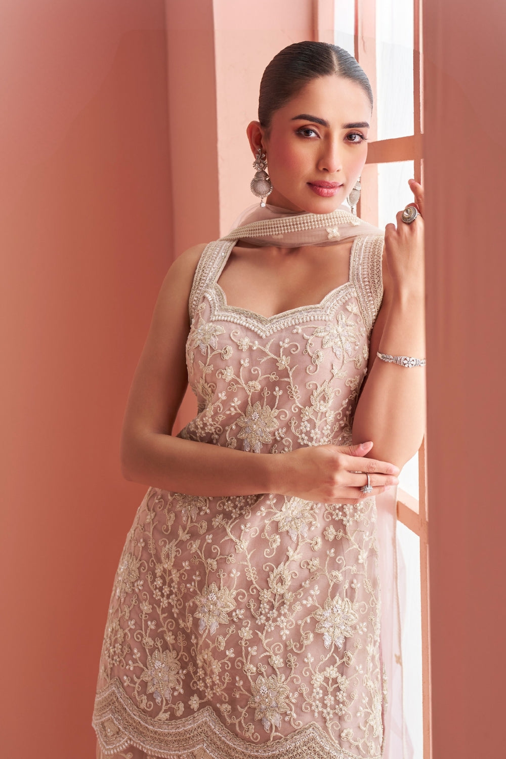 Pink Net Palazzo Set with Cutdana and Sequins Work