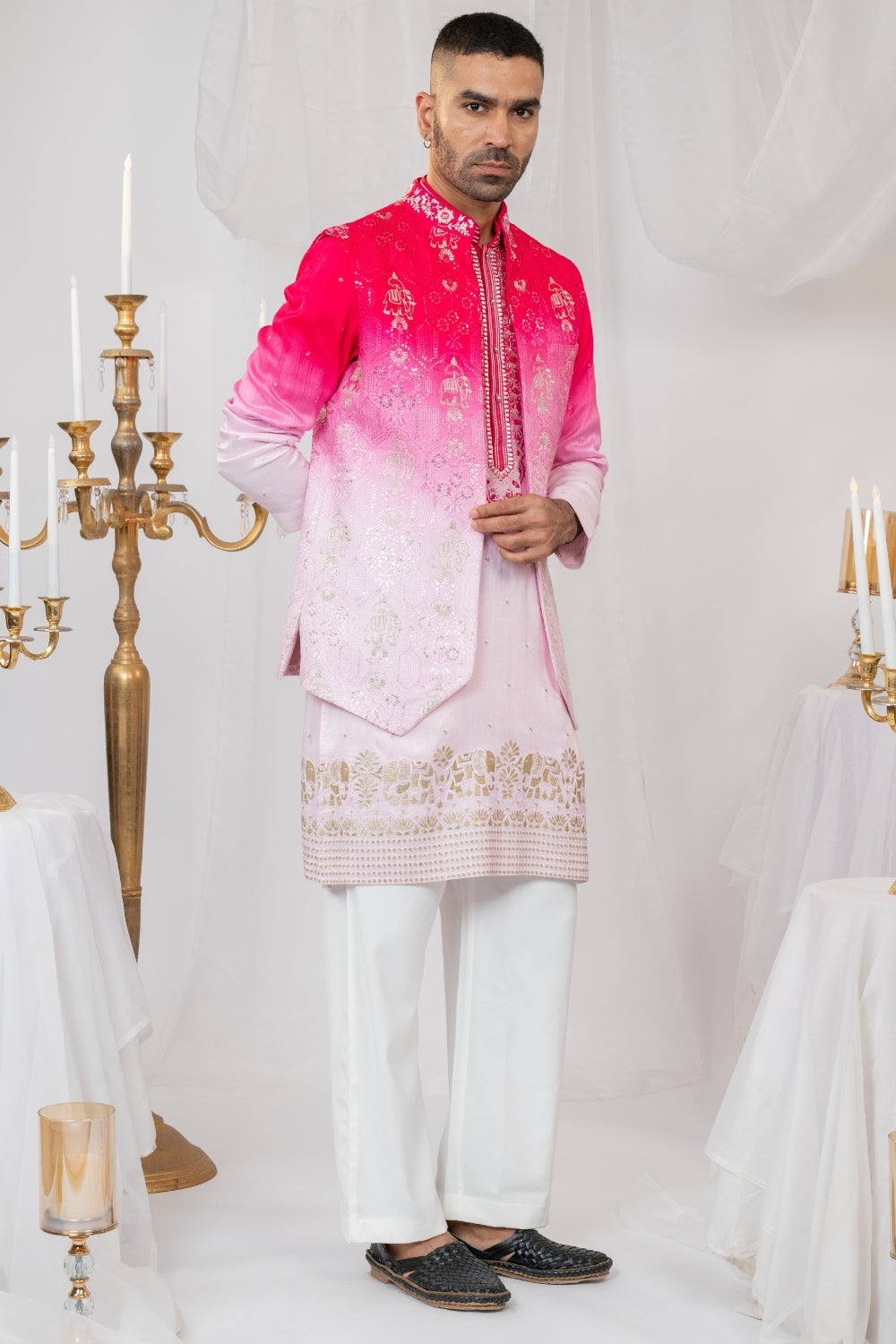 Pink Ombre Silk Koti Set with Mirror and Resham Embroidery