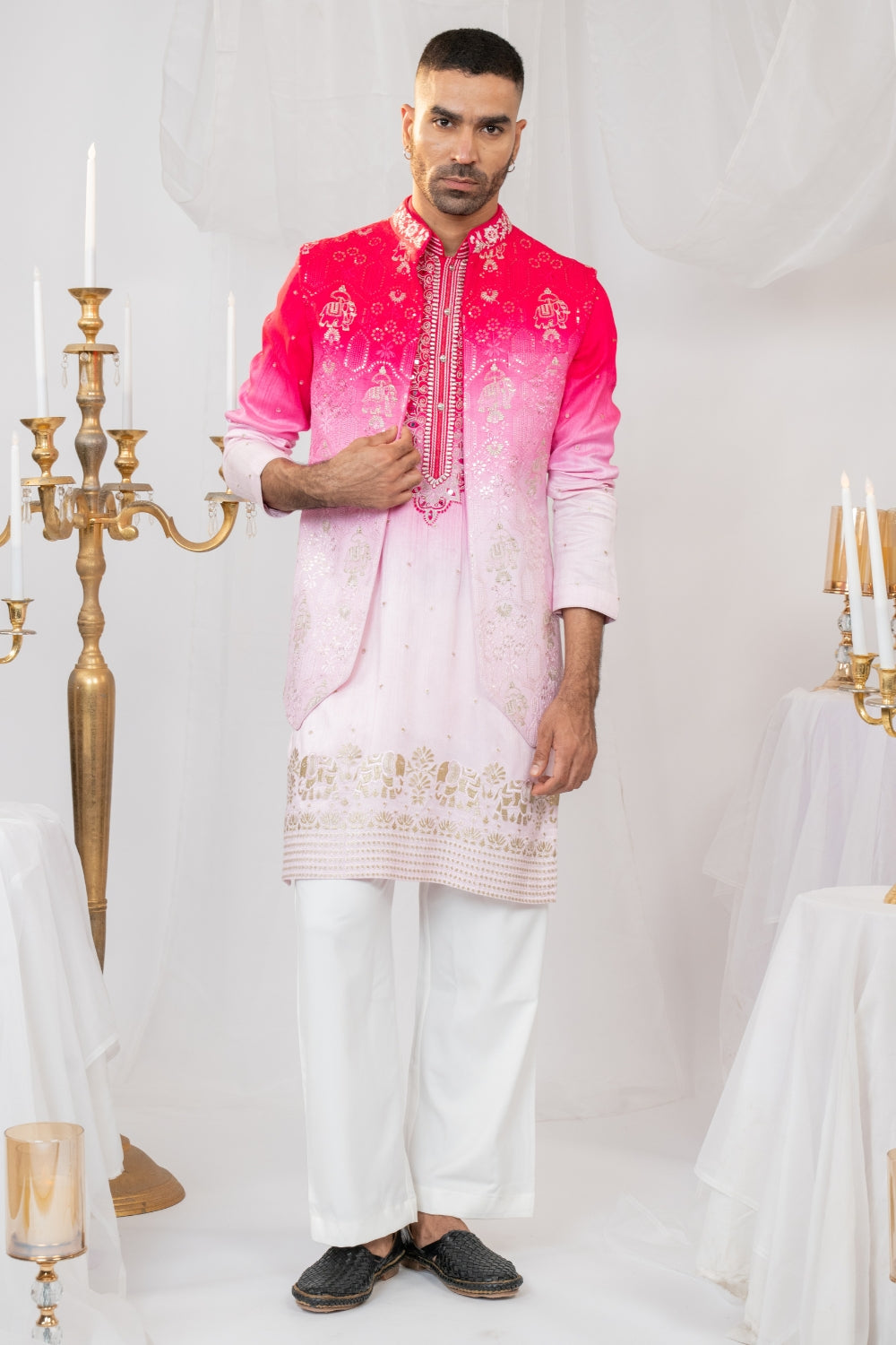 Pink Ombre Silk Koti Set with Mirror and Resham Embroidery
