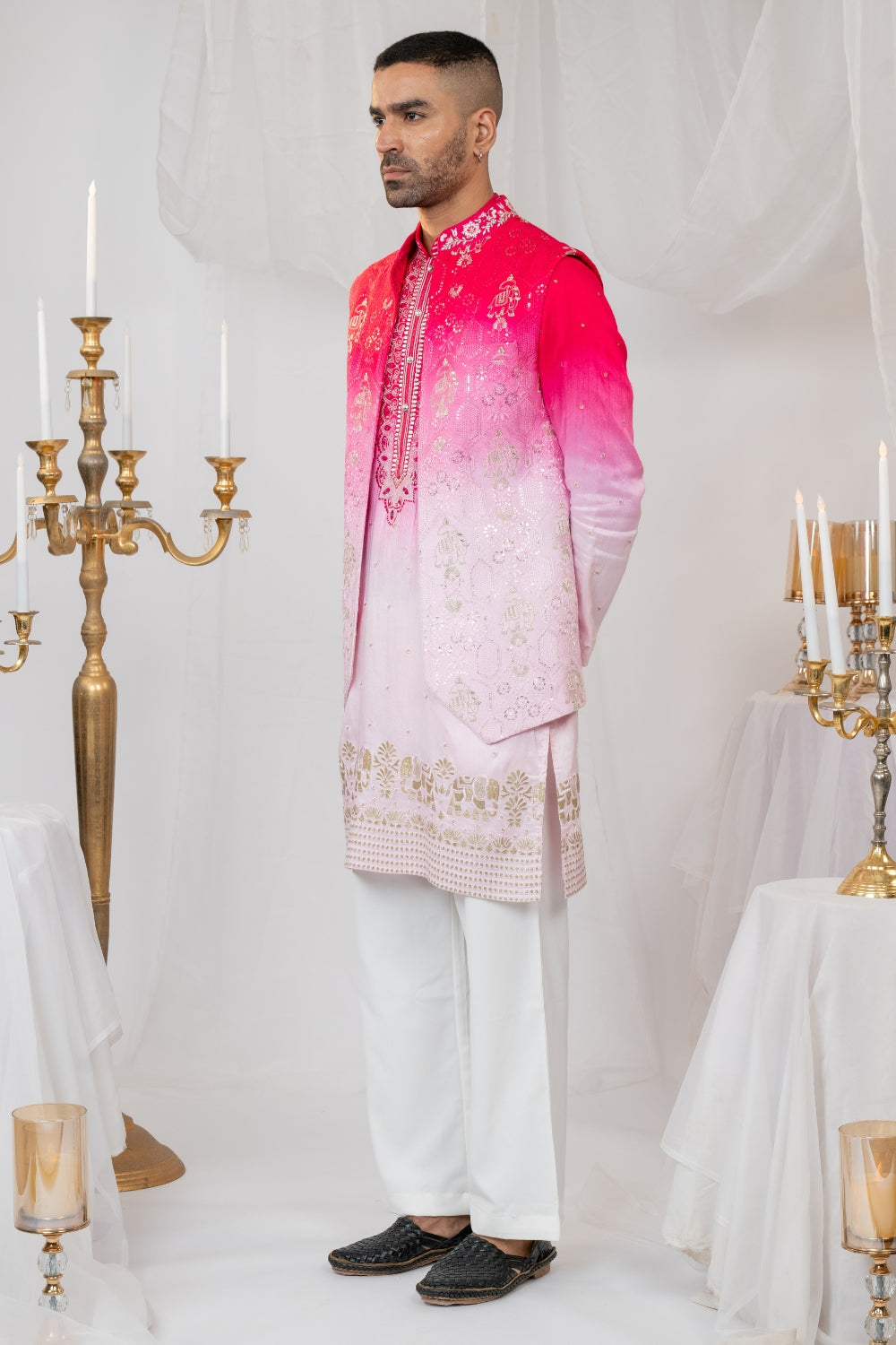 Pink Ombre Silk Koti Set with Mirror and Resham Embroidery