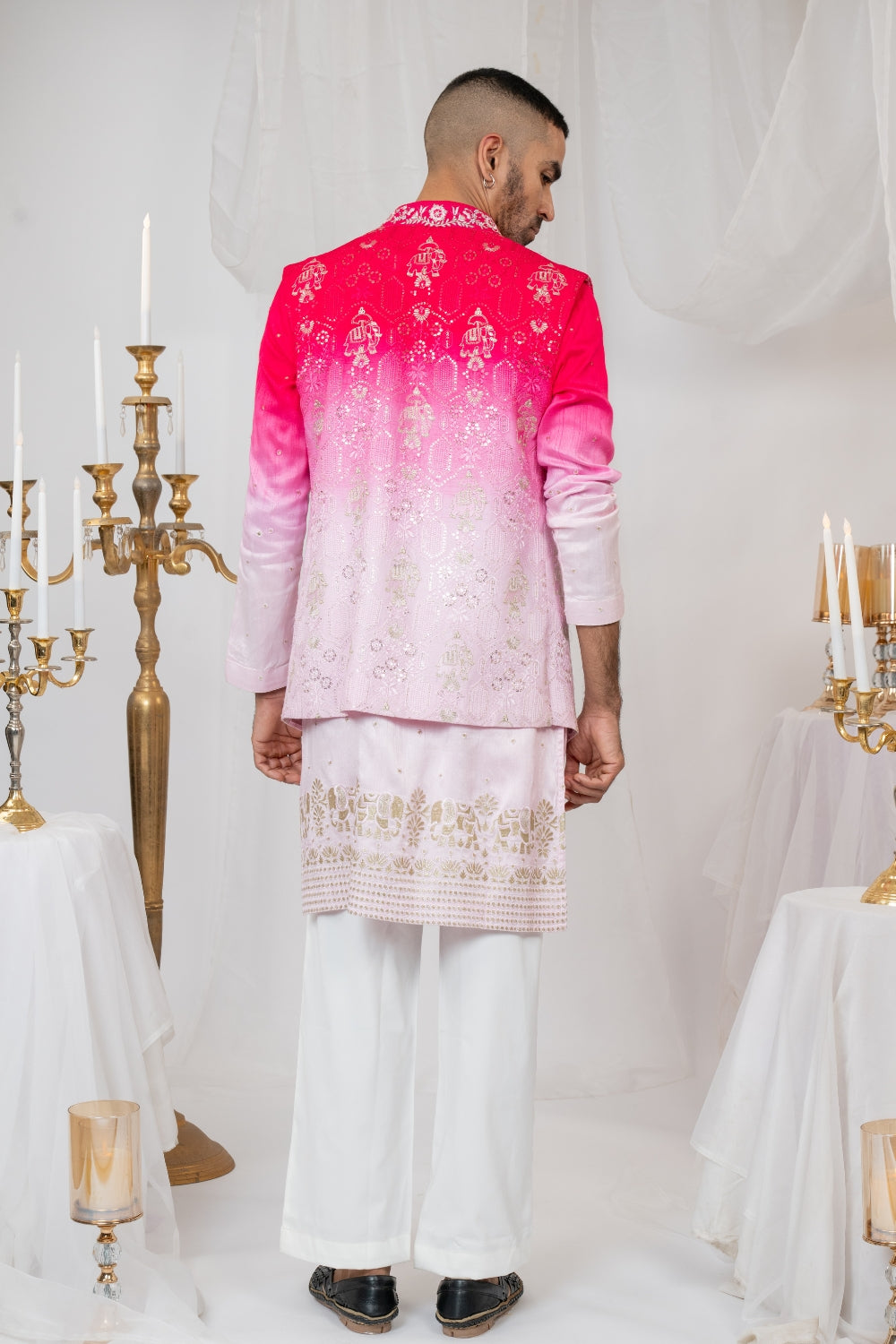 Pink Ombre Silk Koti Set with Mirror and Resham Embroidery