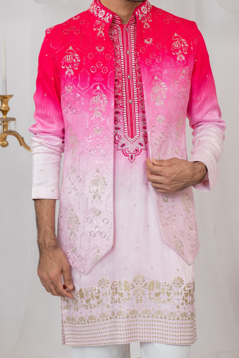 Pink Ombre Silk Koti Set with Mirror and Resham Embroidery