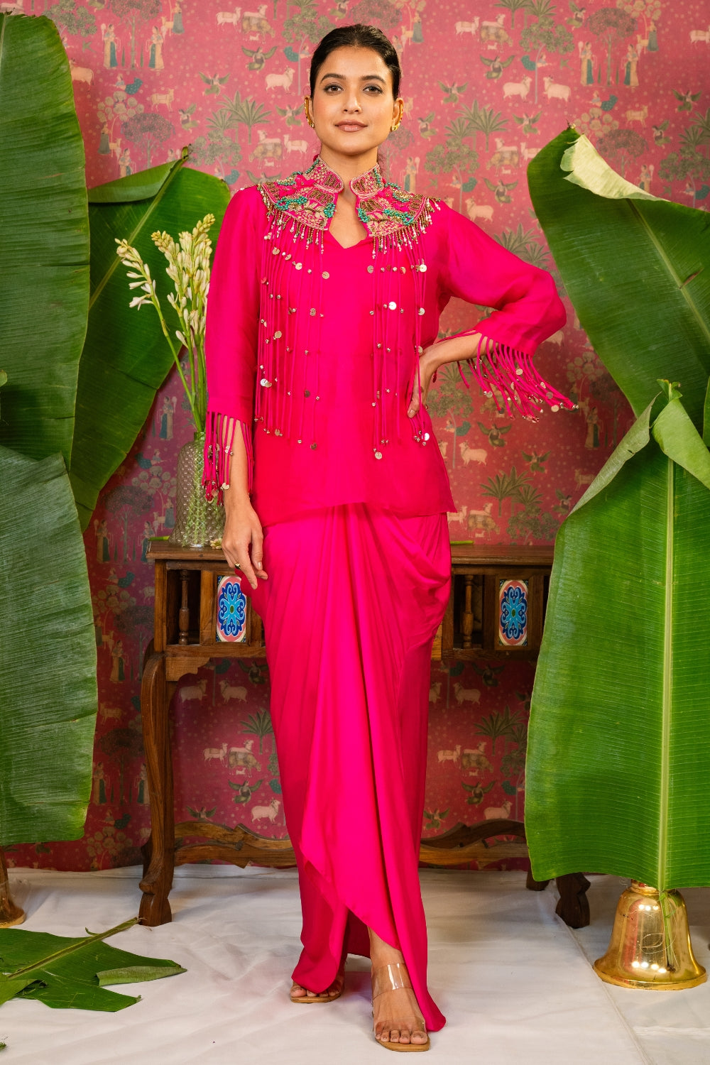 Pink Organza Indo Western with Metal Sequins and Zardosi Work