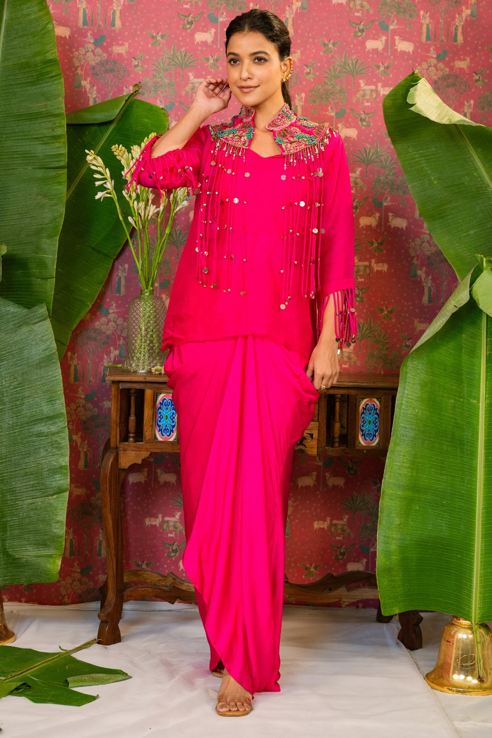Pink Organza Indo Western with Metal Sequins and Zardosi Work