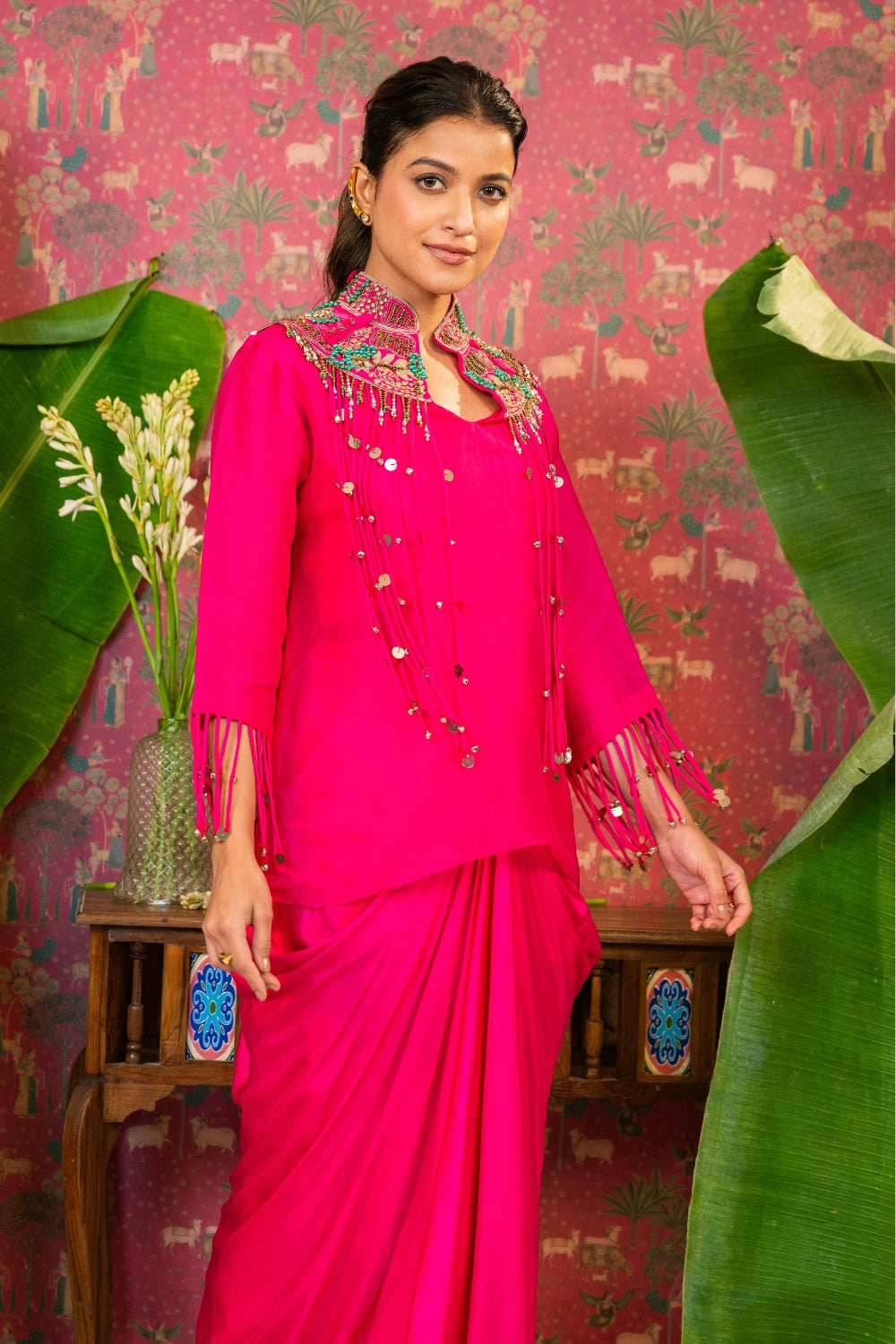 Pink Organza Indo Western with Metal Sequins and Zardosi Work