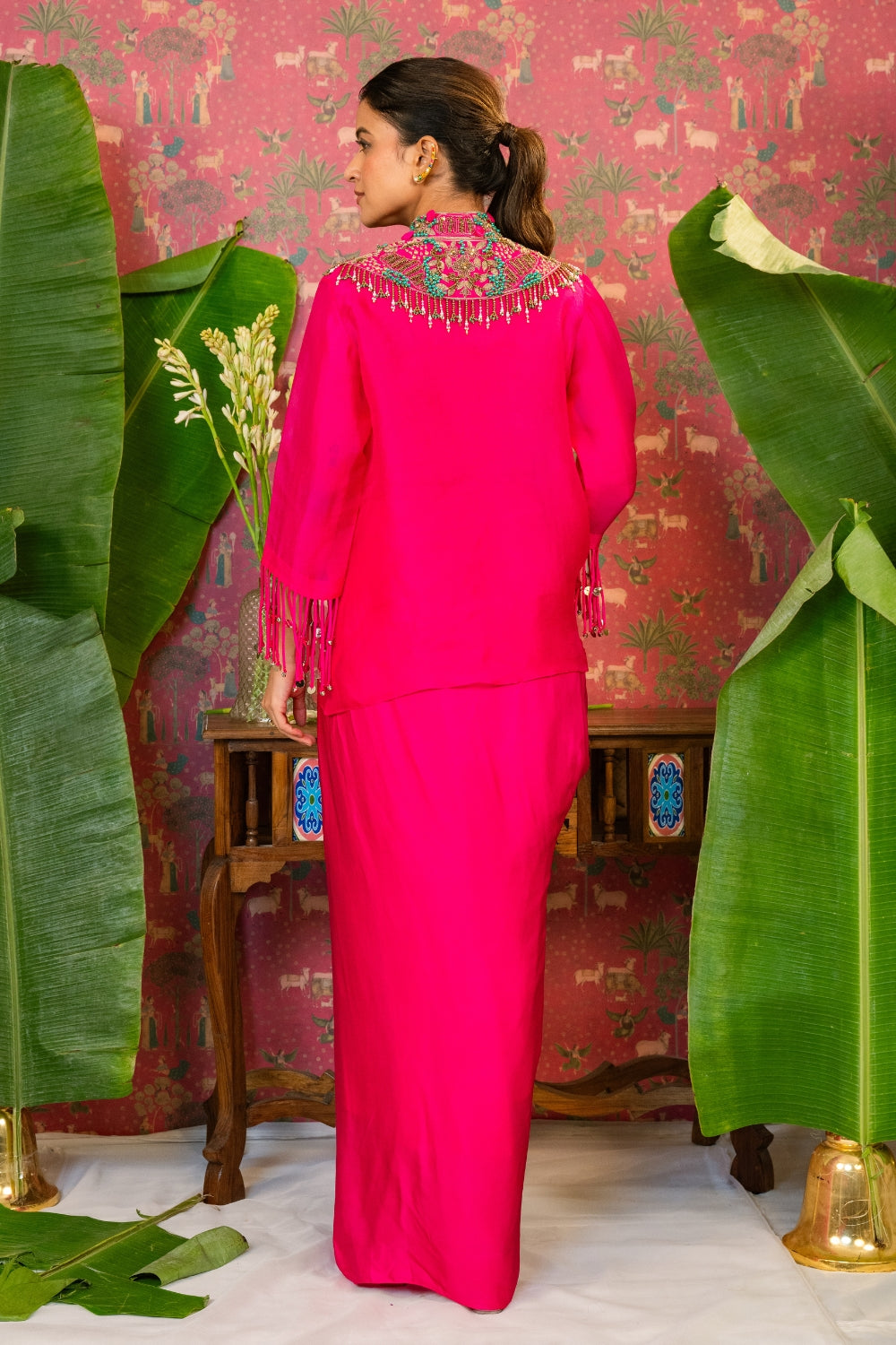 Pink Organza Indo Western with Metal Sequins and Zardosi Work