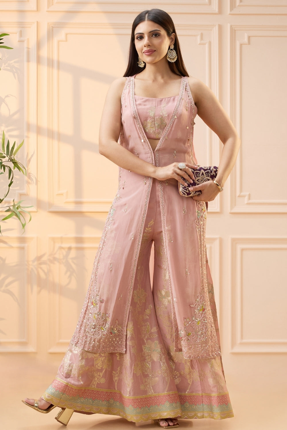 Pink Organza Palazzo Set with Cutdana and Sequins Work