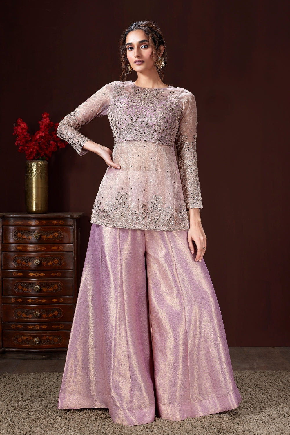 Pink Organza Palazzo Set with Zari and Foli Work