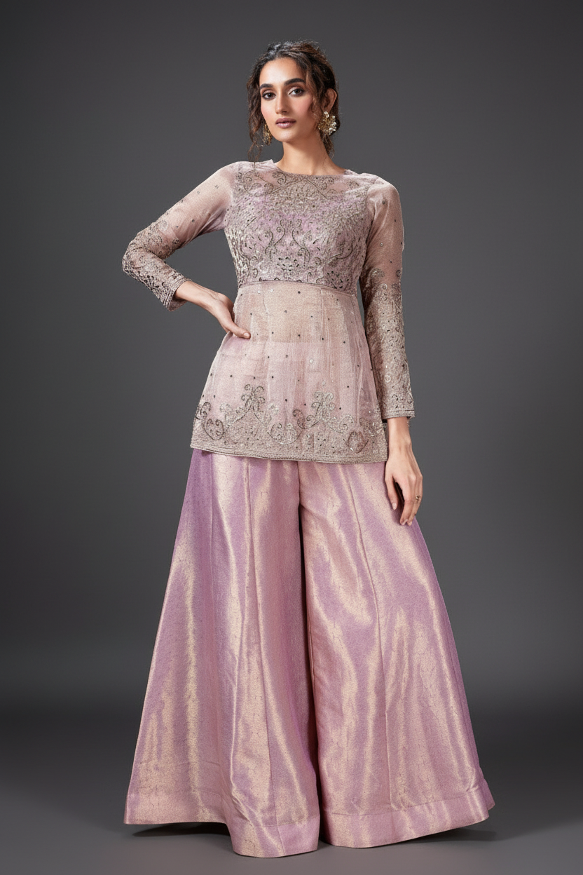 Pink Organza Palazzo Set with Zari and Foli Work