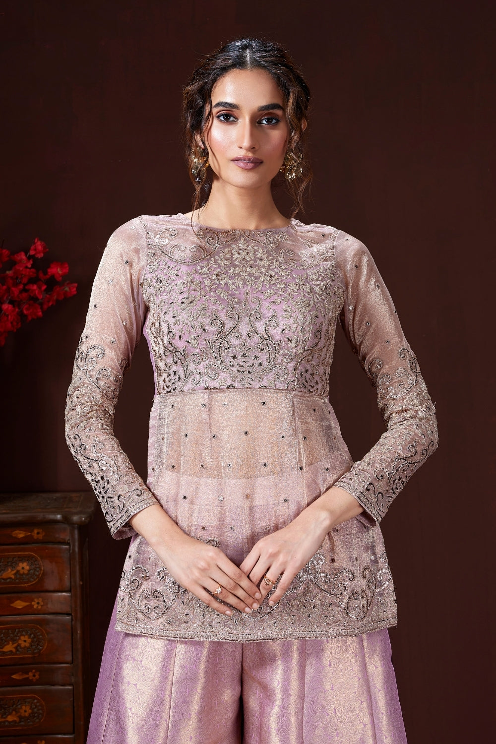 Pink Organza Palazzo Set with Zari and Foli Work