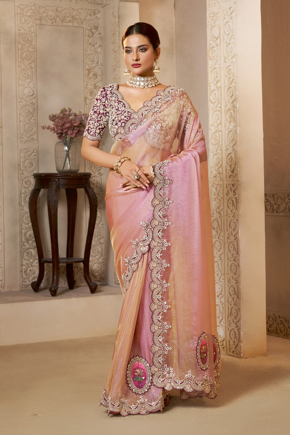 Pink Organza Saree with Sequins and Moti Work