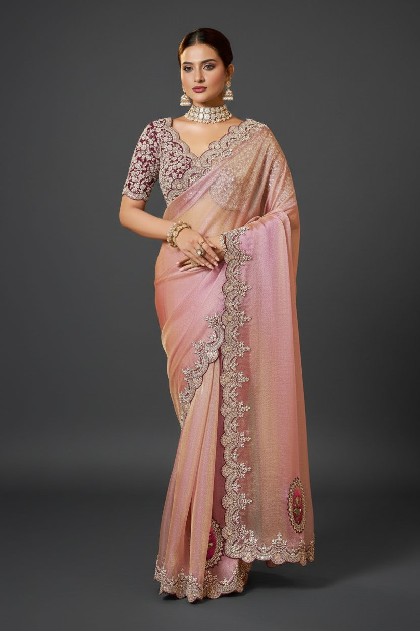 Pink Organza Saree with Sequins and Moti Work
