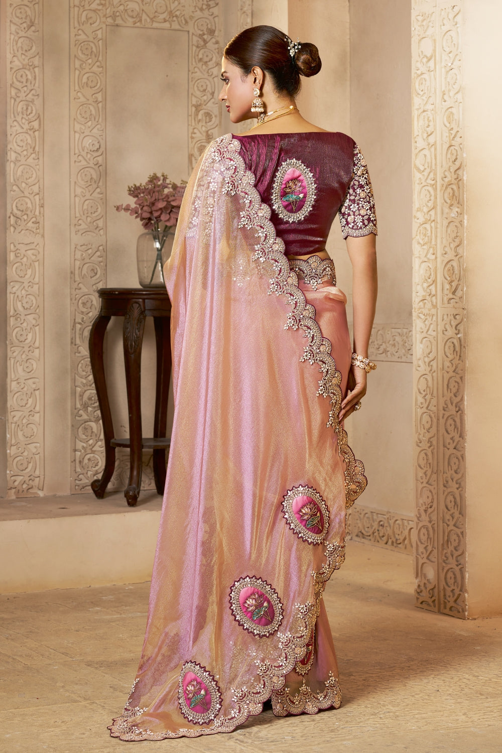 Pink Organza Saree with Sequins and Moti Work