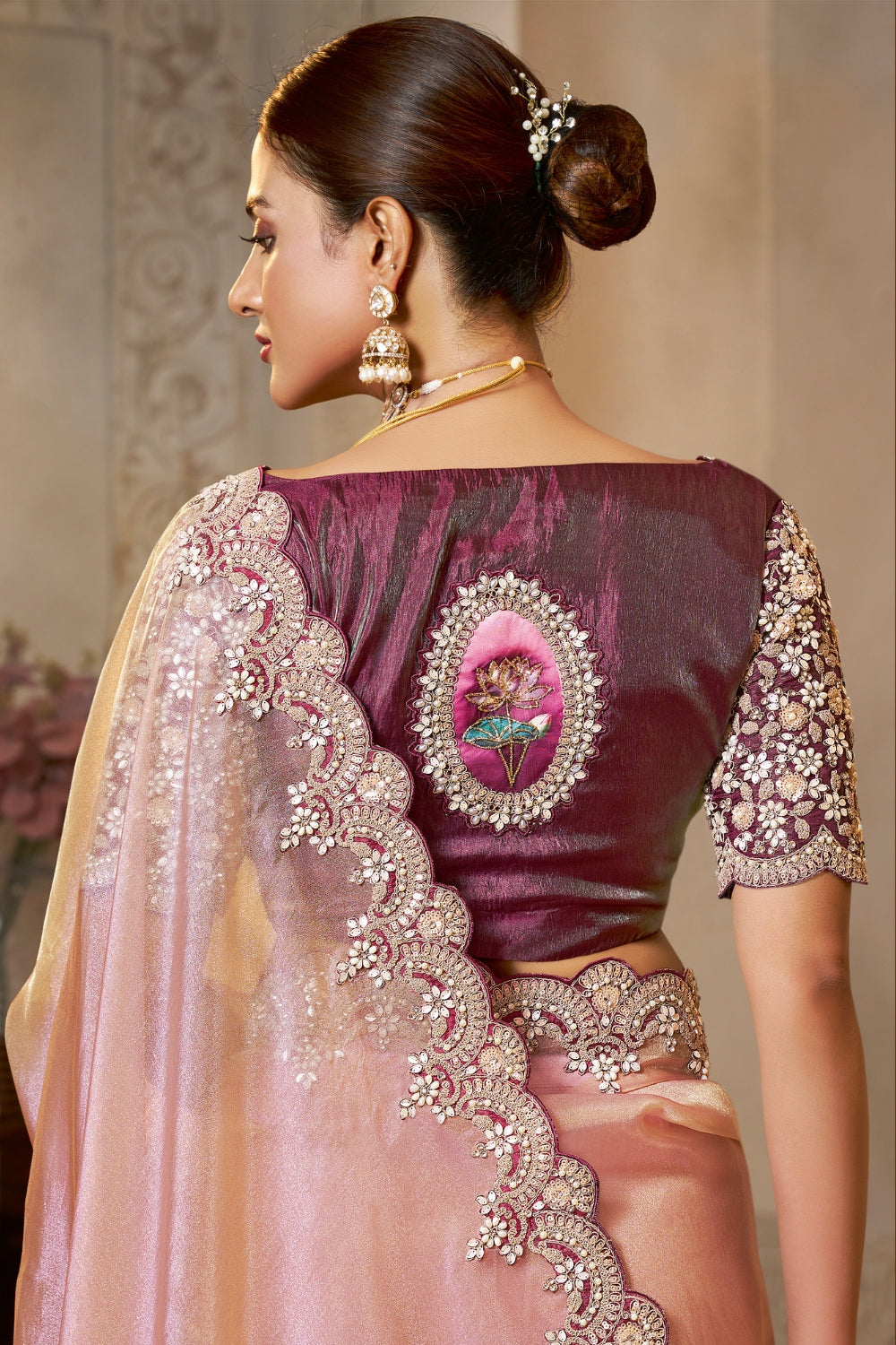 Pink Organza Saree with Sequins and Moti Work