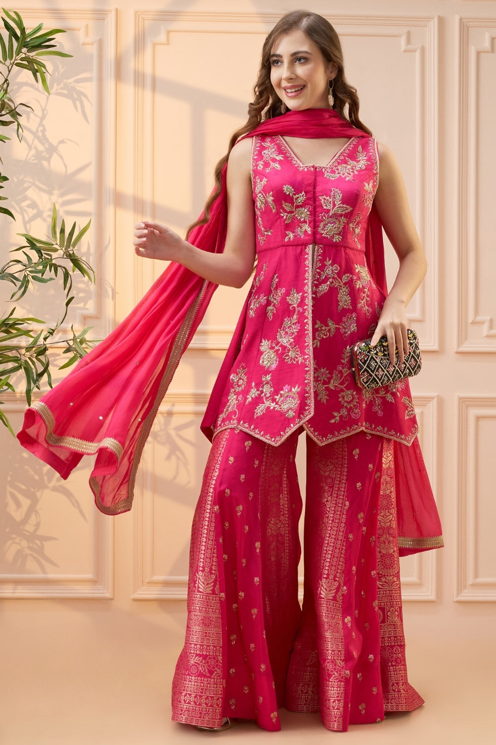 Pink Raw Silk Palazzo Set with Zardosi and Cutdana Work