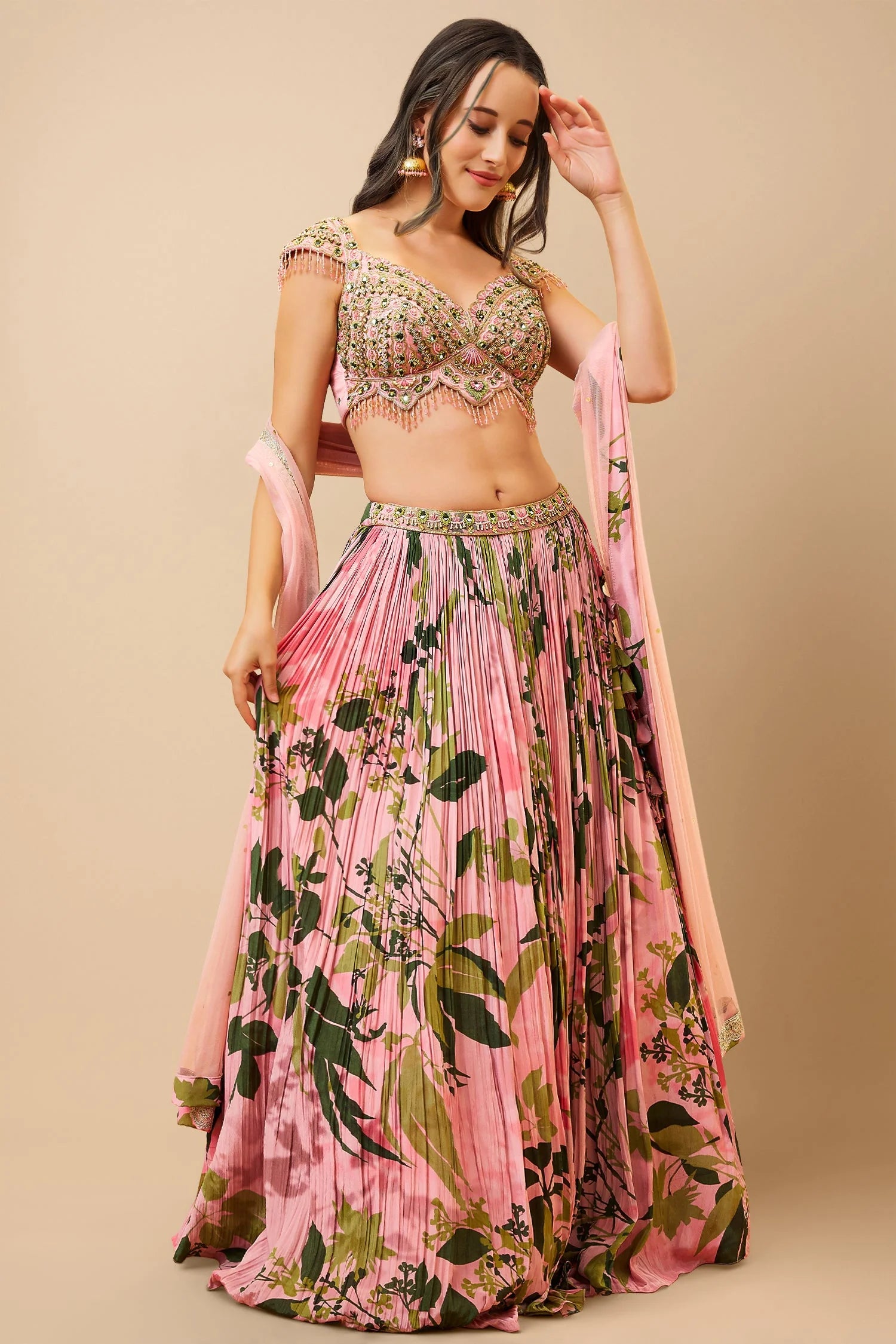 Pink Satin Crepe Silk Printed Flared Lehenga with Handwork Scalloped Neckline Blouse