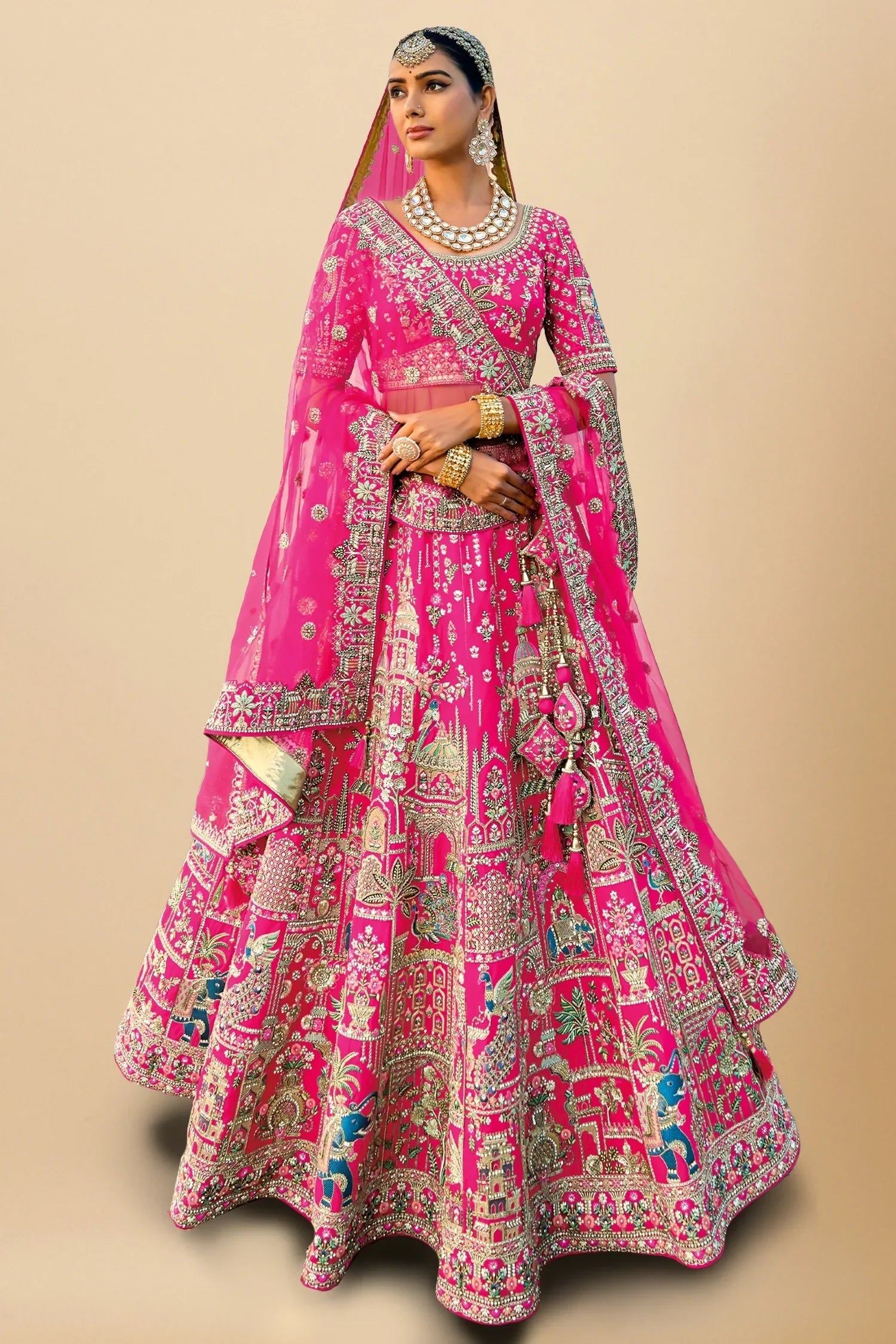 Pink Silk Designer Heavy Embroidered Bridal Lehenga