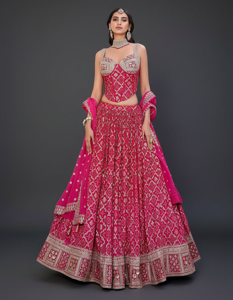 Pink Silk Lehenga Set with Cutdana and Moti Work
