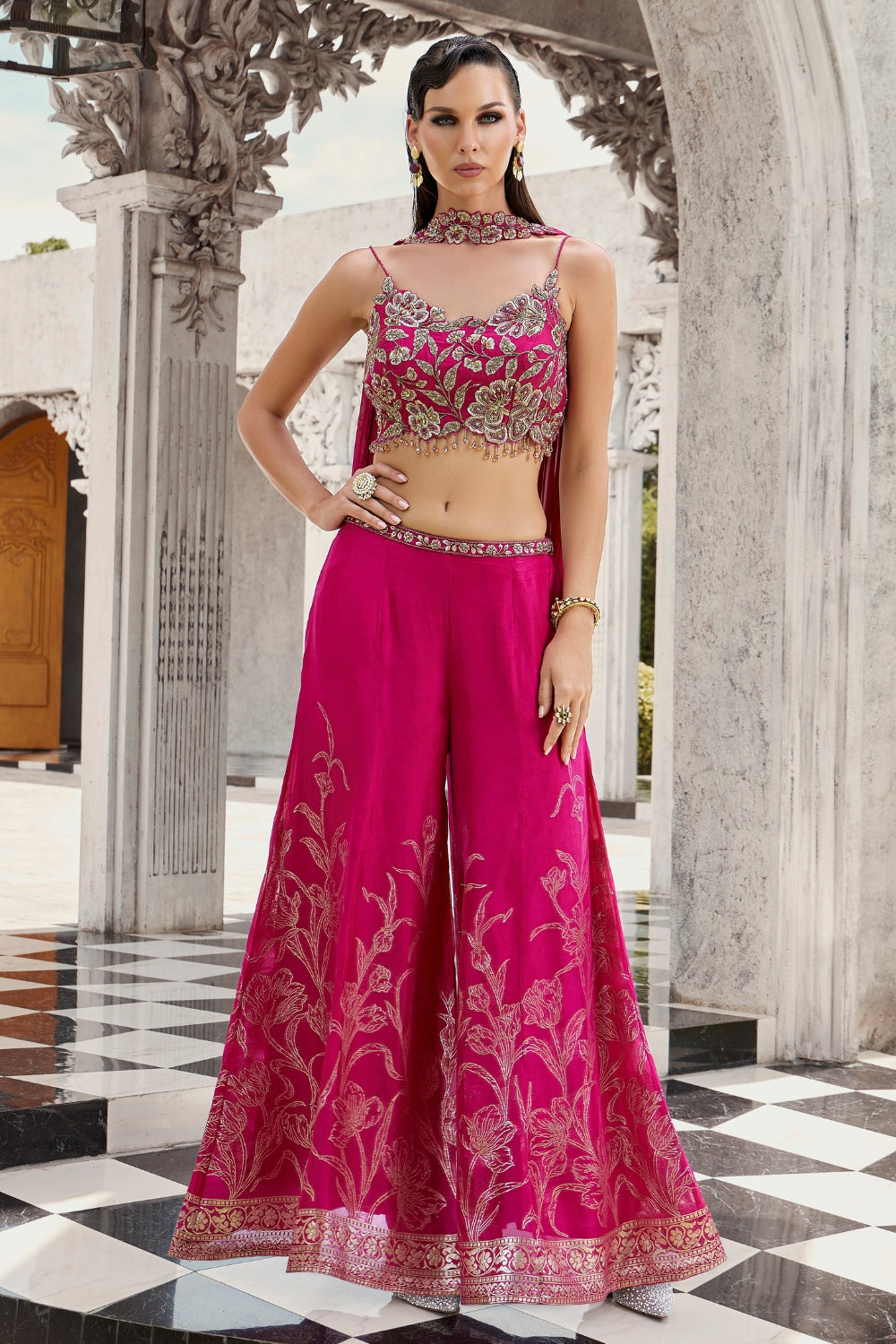 Pink Silk Palazzo Set with Moti and Cutdana Work
