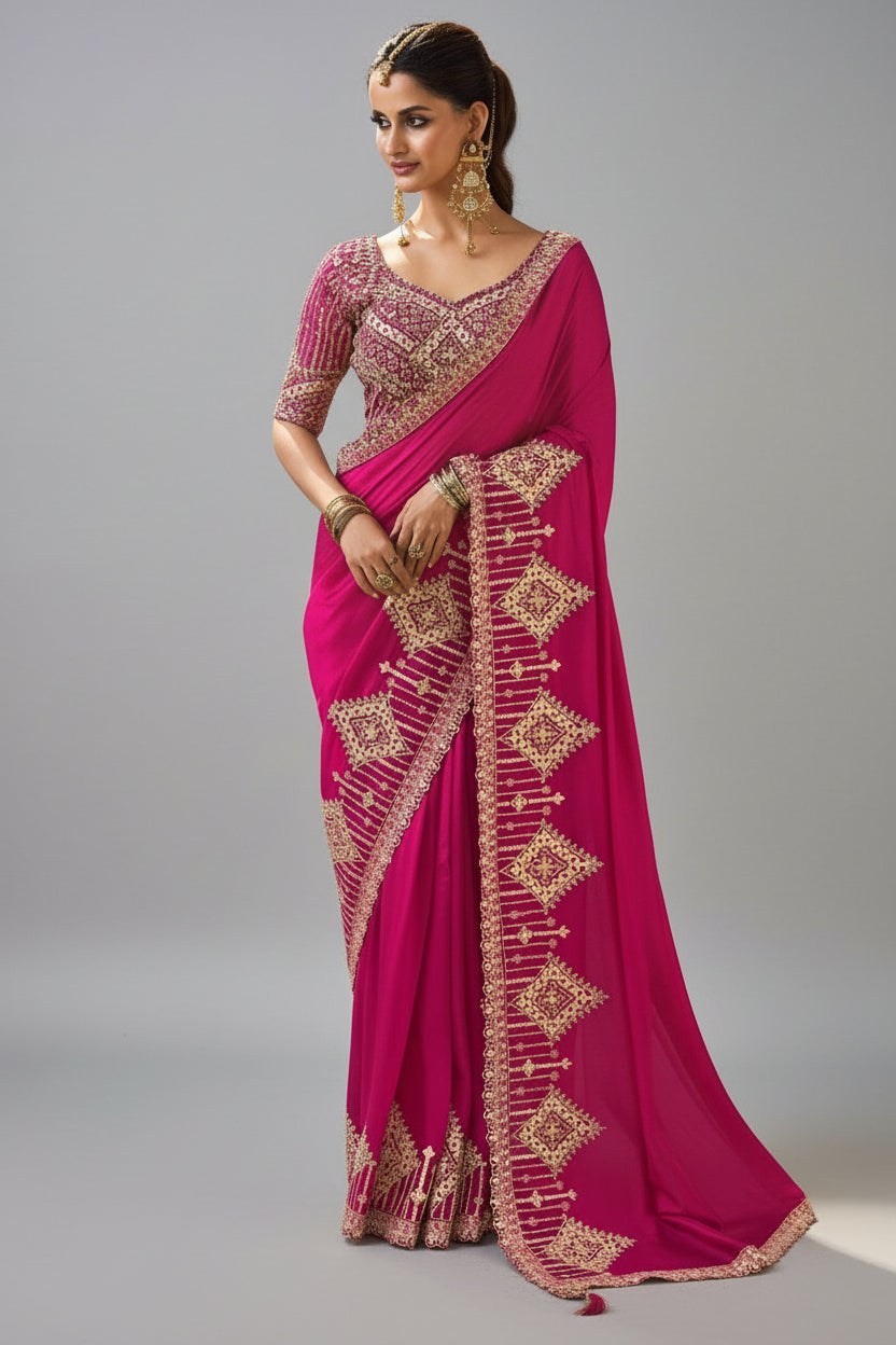 Pink Silk Saree with Embroidery and Sequins Work