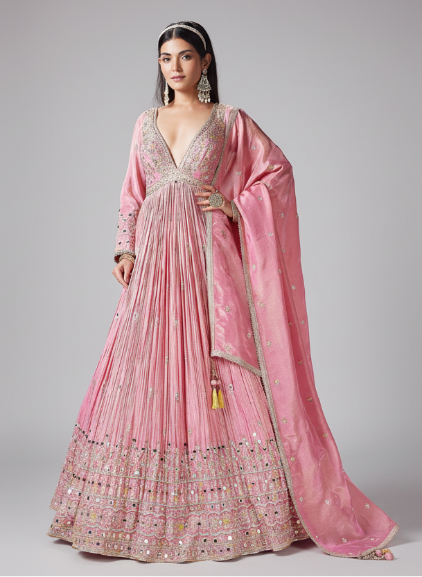 Pink Tissue Anarkali Set with Mirror and Embroidery Work