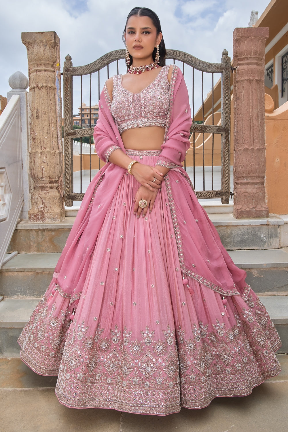 Pink Tissue Lehenga Set with Moti and Mirror Work