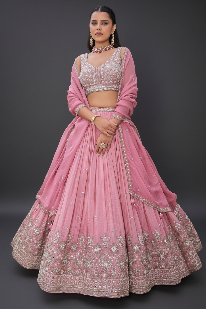 Pink Tissue Lehenga Set with Moti and Mirror Work
