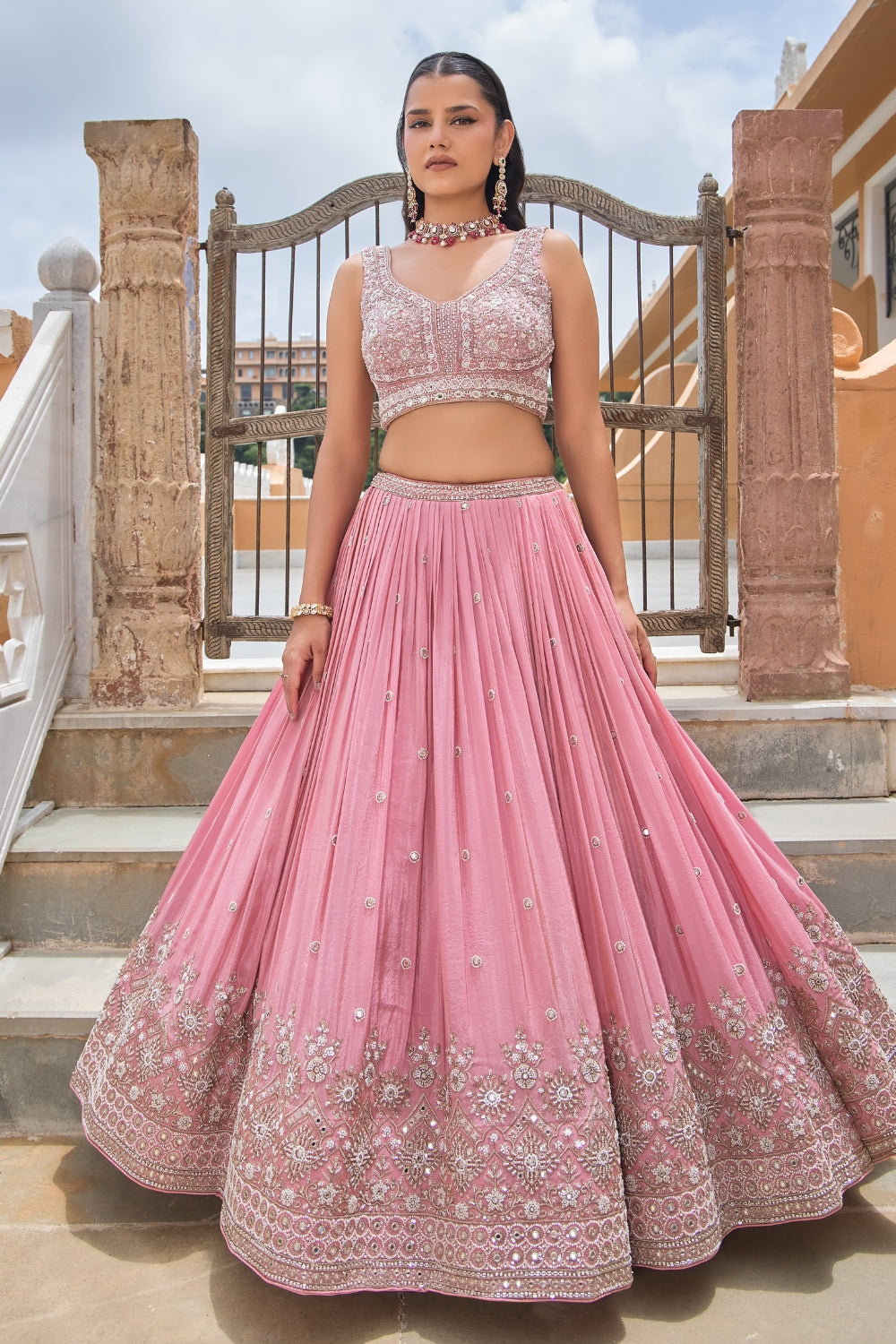 Pink Tissue Lehenga Set with Moti and Mirror Work