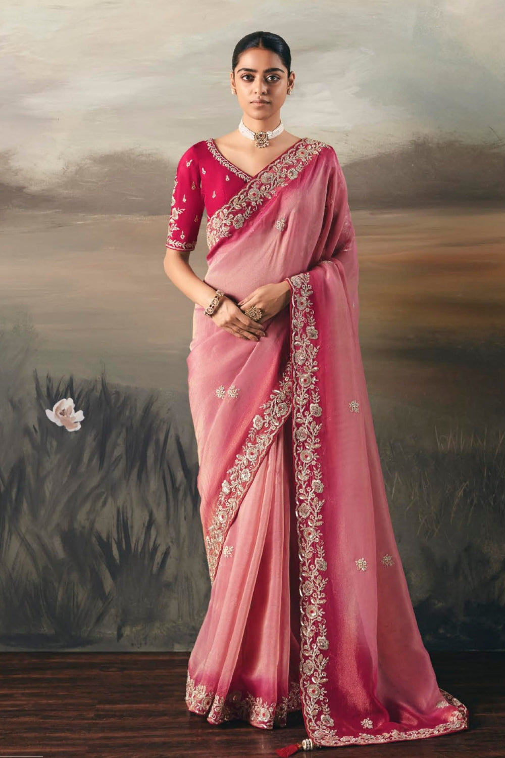 Pink Tissue Saree with Thread and Mirror Work