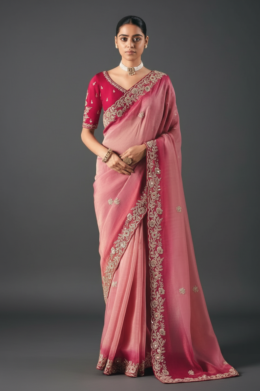 Pink Tissue Saree with Thread and Mirror Work