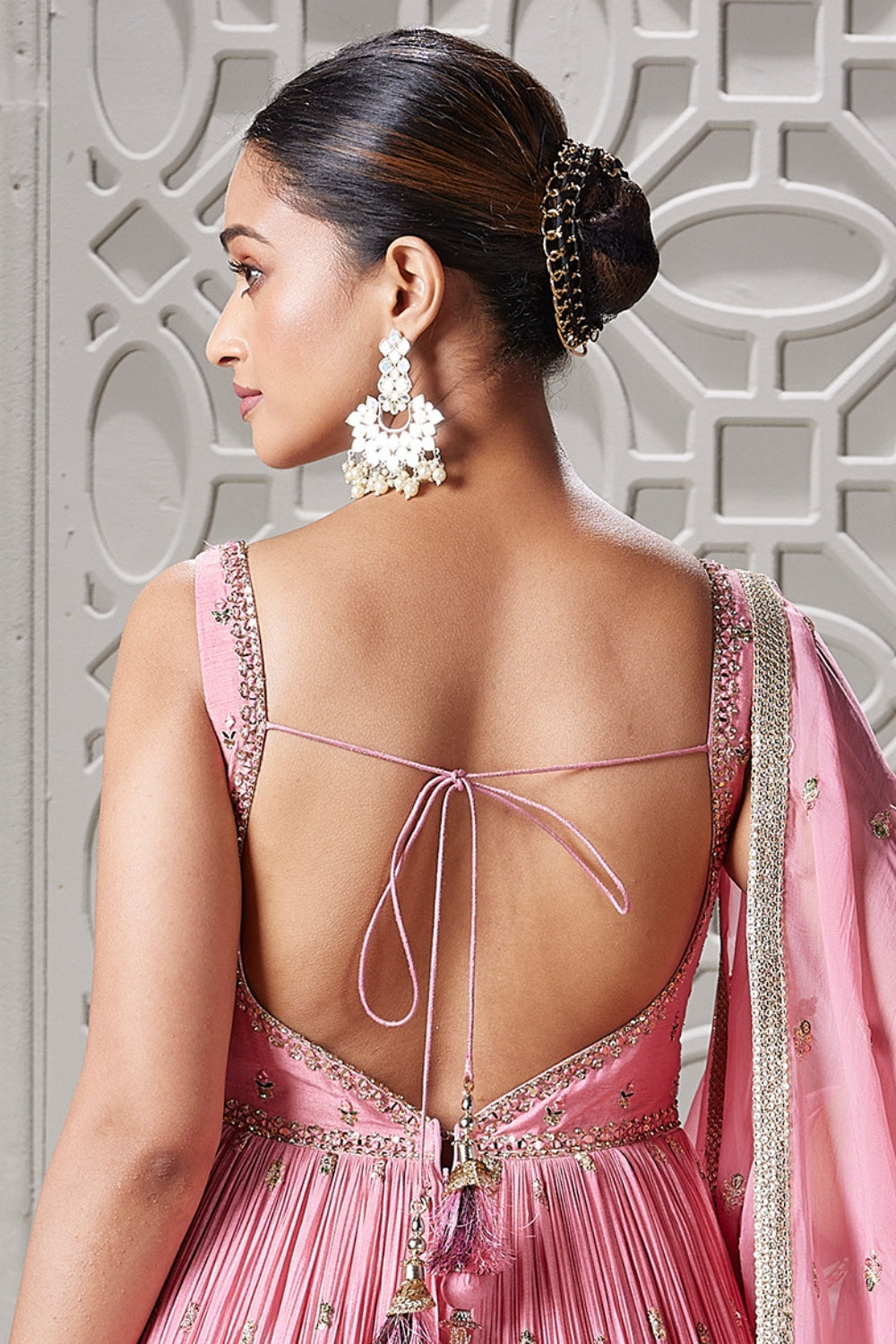 Pink Tissue Anarkali Set with Mirror and Embroidery Work