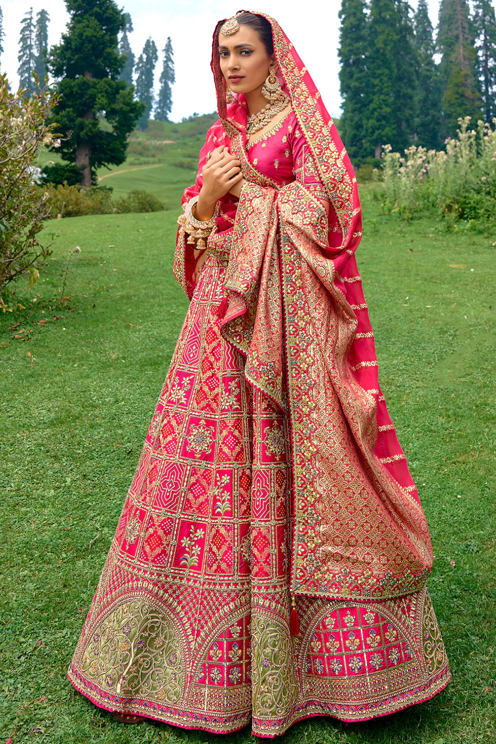 Pink Weave Silk Traditional Lehenga with Gota and Embroidery Work