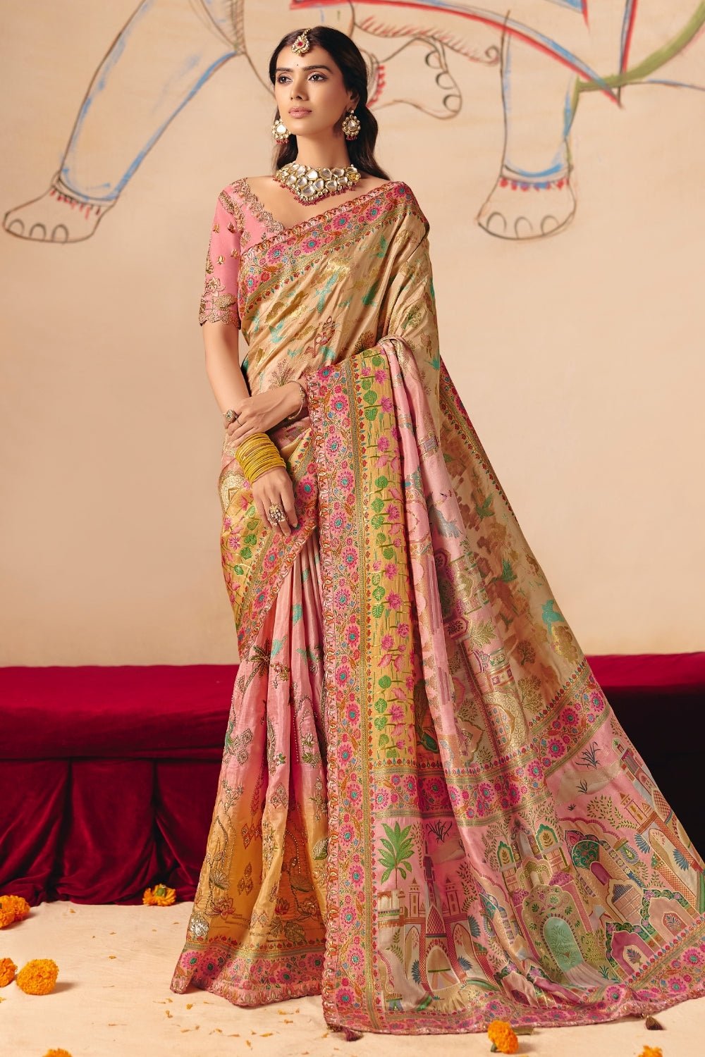 Pink and Cream Silk Saree with Sequins and Stone Work