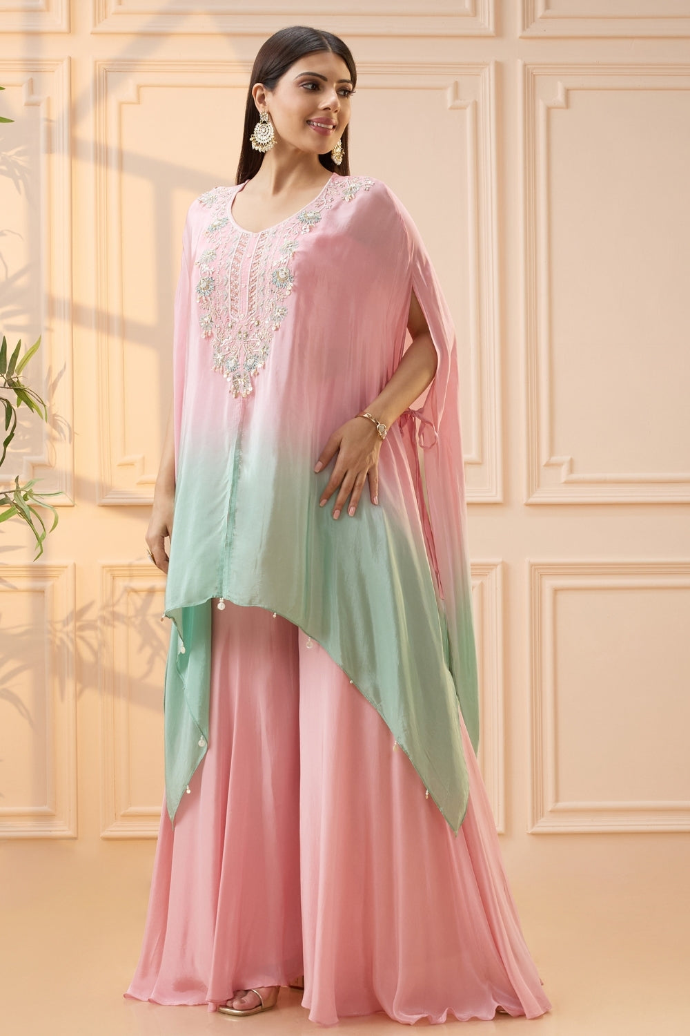 Pink and Green Ombre Crepe Silk Palazzo Set with Zardosi Work